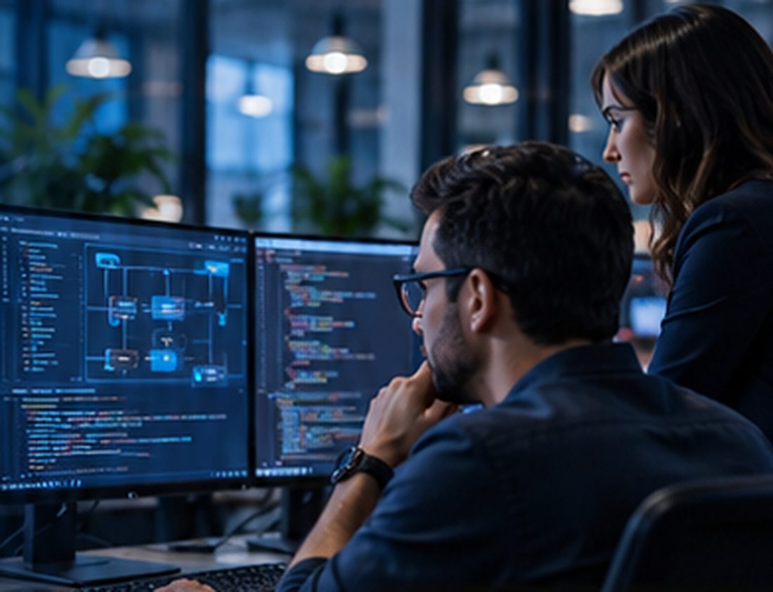 Equipo trabajando frente a monitores con diagramas y código